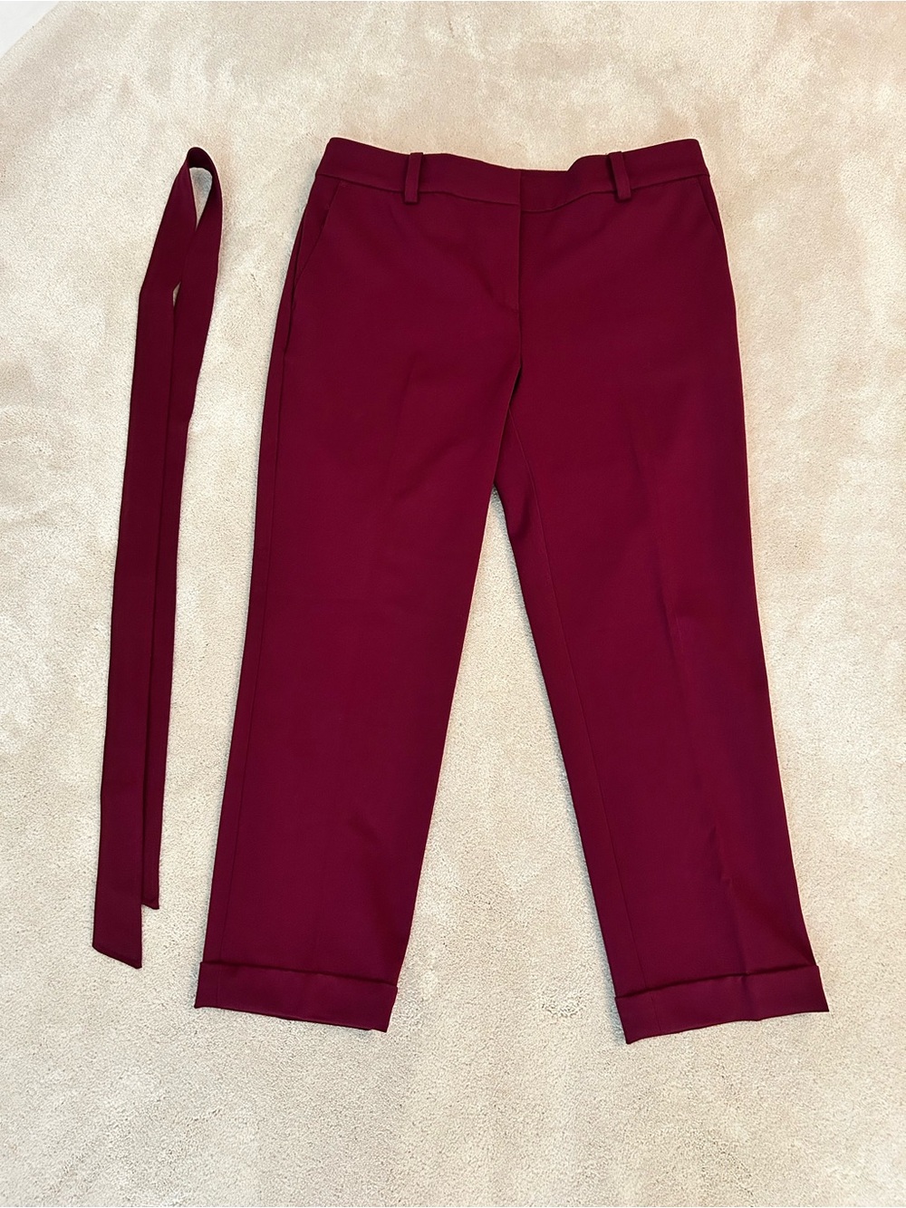 LOFT Burgundy Cropped Skinny Dress Pants with Removable Tie